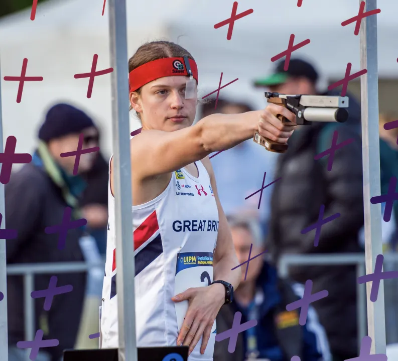 Pentathlon GB athlete aiming during the shooting event at a UIPM World Pentathlon competition