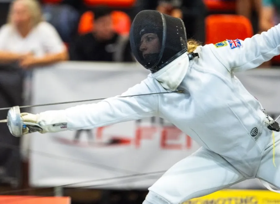 Pentathlon GB athlete in action during a fencing match